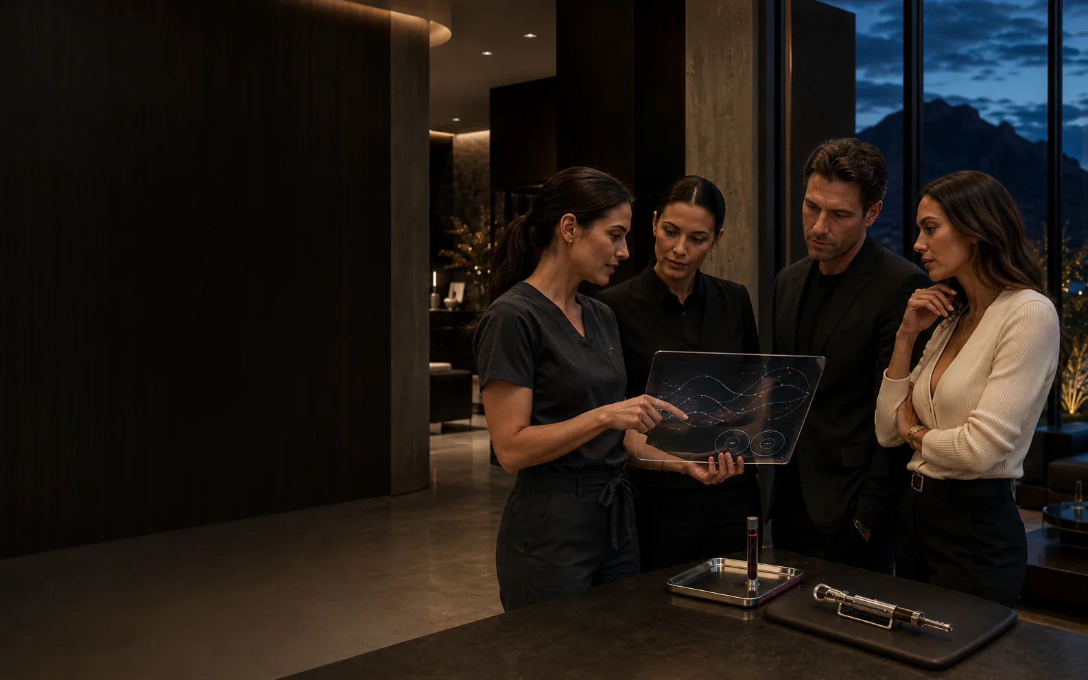 Practice, clinical, and operations leaders reviewing a data platform inside a sophisticated multi-disciplinary clinic