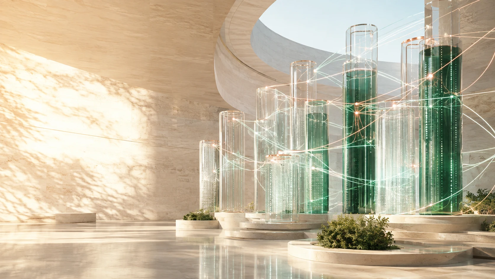 A luminous architectural network of glass columns connected by flowing signal lines
