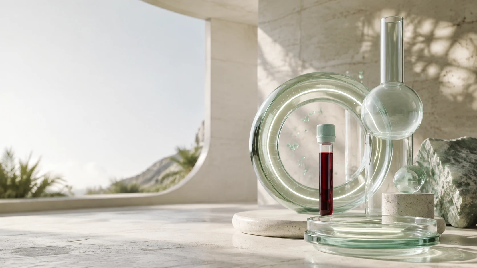 A blood sample vial surrounded by sculptural green glass in a sunlit stone setting