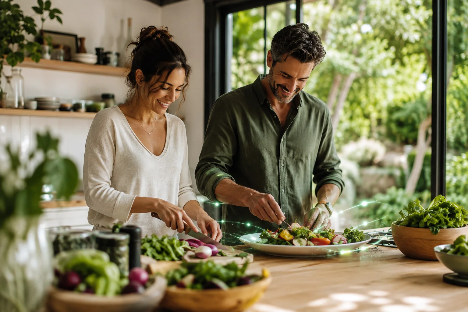 Two home cooks preparing a colorful meal in a sunlit kitchen