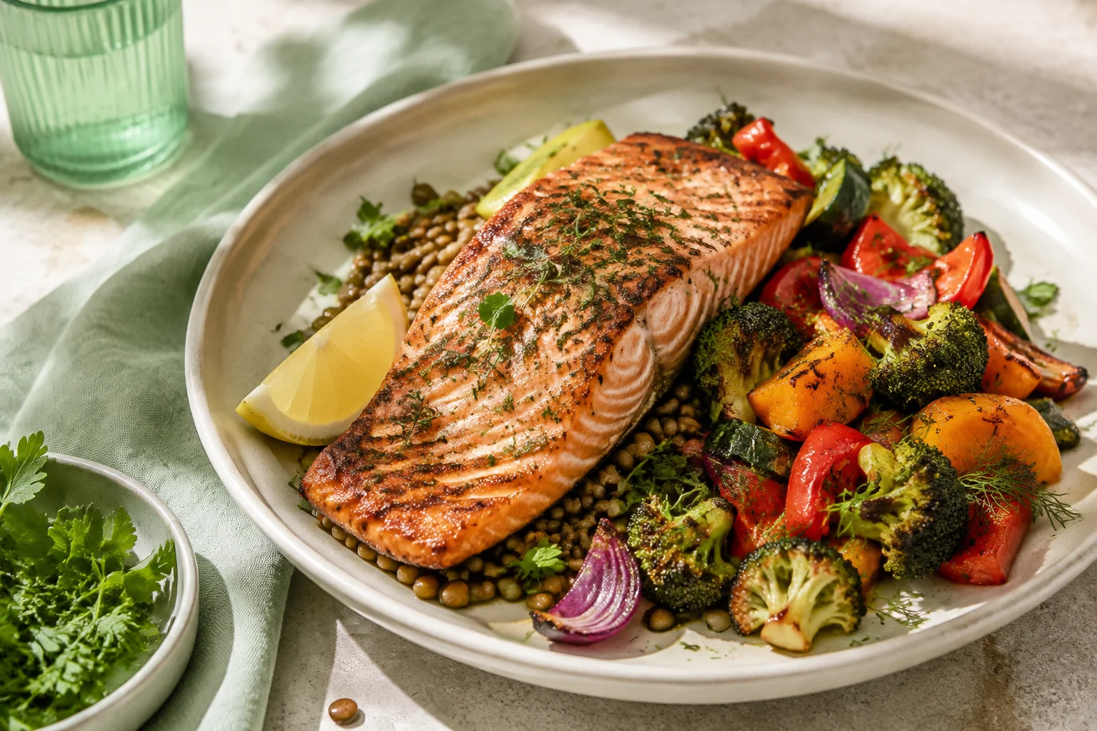 Lemon-herb salmon & warm lentils