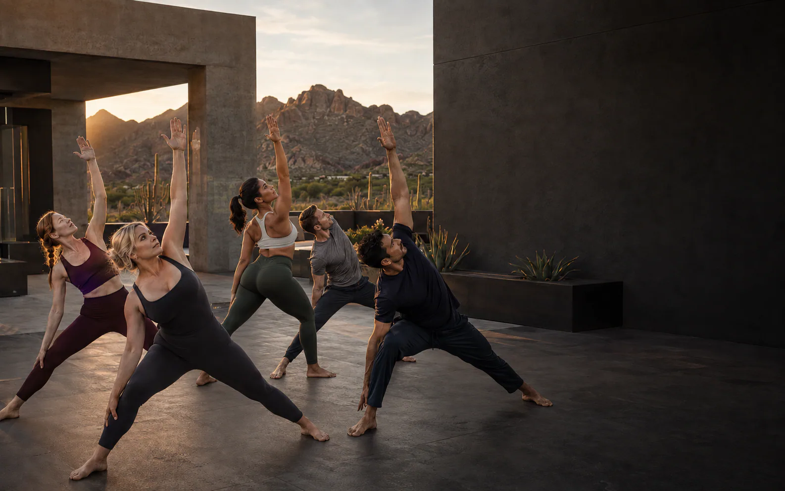 A diverse group of adults participating in a guided wellness session on a desert rooftop at sunrise