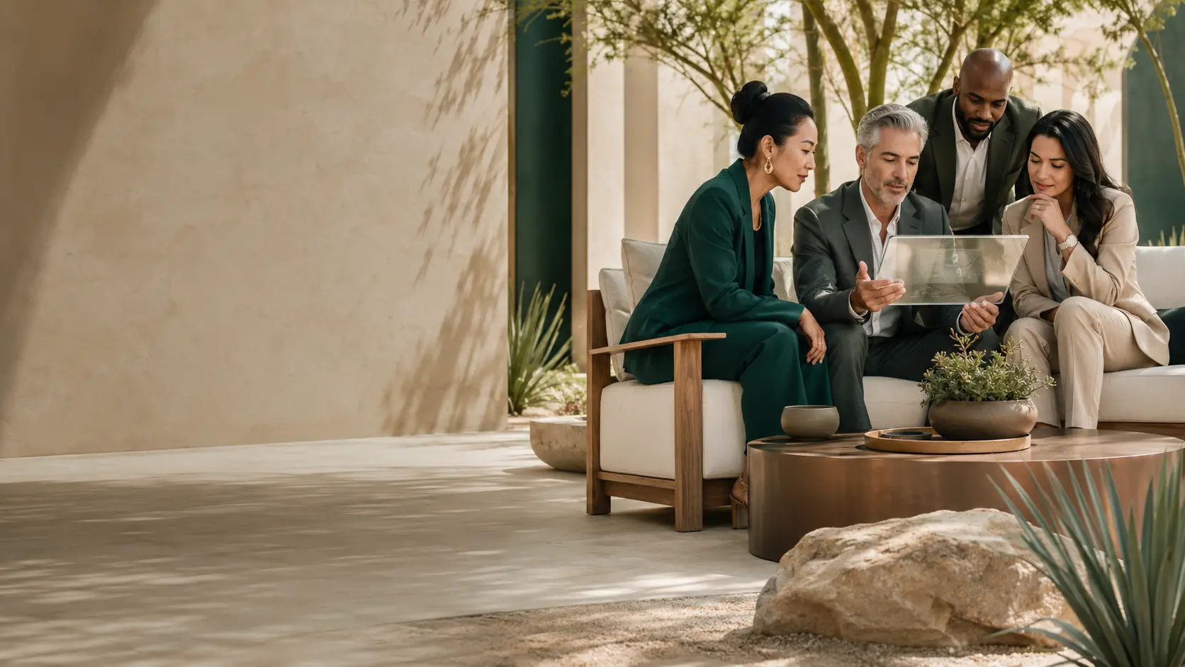 Four colleagues gathered around a tablet in a welcoming space with plants and natural light
